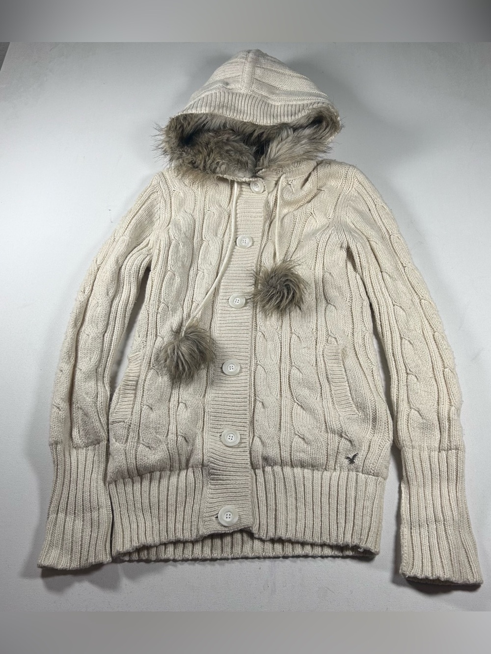 Vintage Y2K American Eagle Cable Knit Fur Hooded Sweater Jacket Pom Pom Ivory M